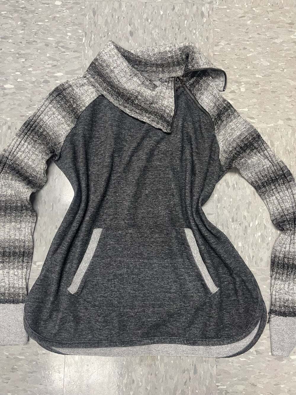 Maurices Gray and Black Asymmetric Zip Cowl Neck Pullover Sweater